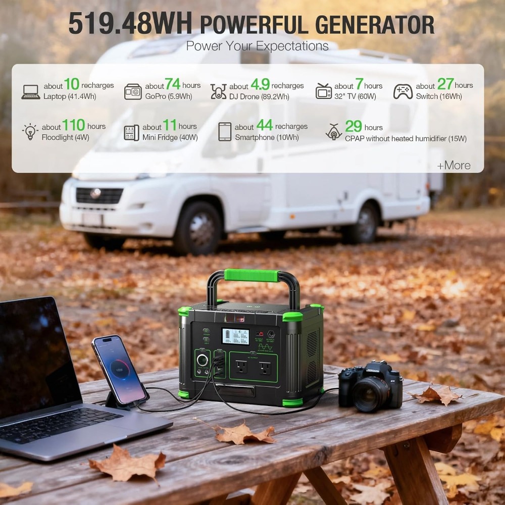 Ac Outdoor Power - 519.48Wh LiFePO4 Portable Power Station,500W 2x120V